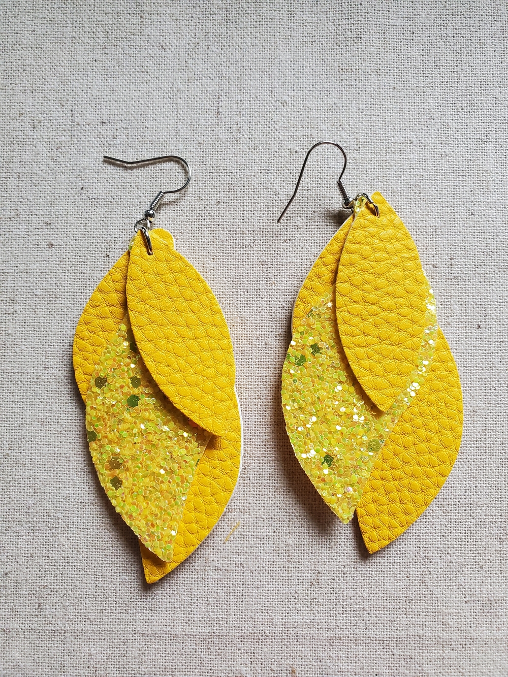Yellow Layered Glitter Leaf Dangle Earrings